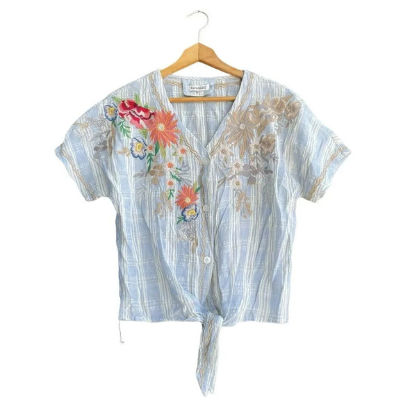 PAPARAZZI Crop Boho Top Women’s M Plaid Embroidered Knot Front Short Sleeve - Picture 1 of 3